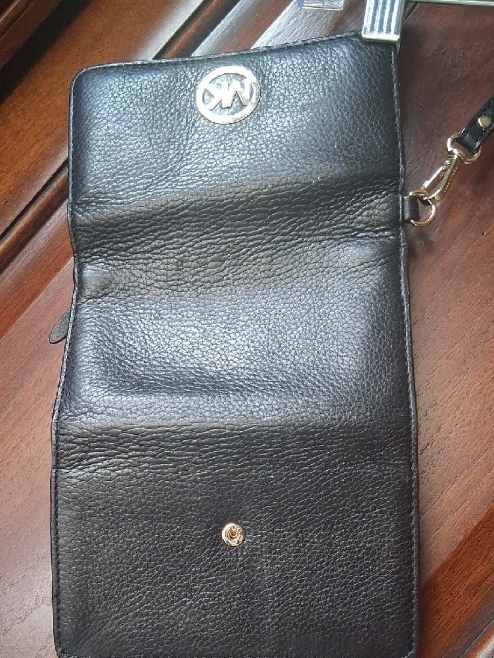 Michael Kors Black Pebbled Leather Wristlet with Gold MK Emblem - Picture 10 of 14